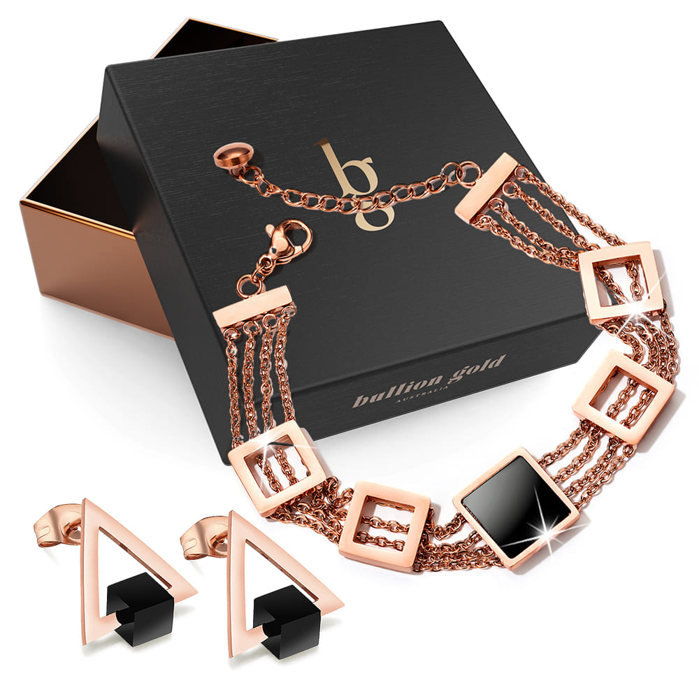 Boxed of Glamourous Geometric Layered Chain Bracelet and Stud Earrings Triangle Set