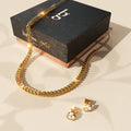 Boxed Medusa Weave Link Gold Titanium Chain Slider Necklace and Tierra Zircon Gold Stud Earrings