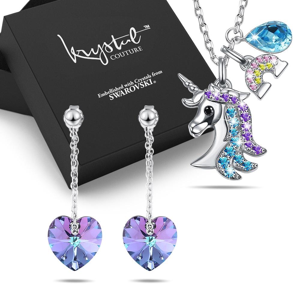 Boxed Unicorn With Blue Crystal And Rainbow Pendants Necklace and Earrings Set Embellished with Swarovski  Crystals Set