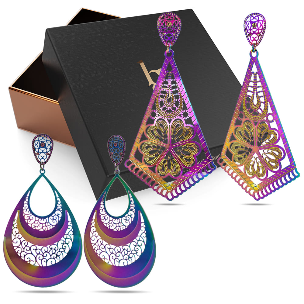 Boxed Set of Laser Etched Earrings In Rainbow and Laser Etched Kite-Shaped Earrings In Rainbow