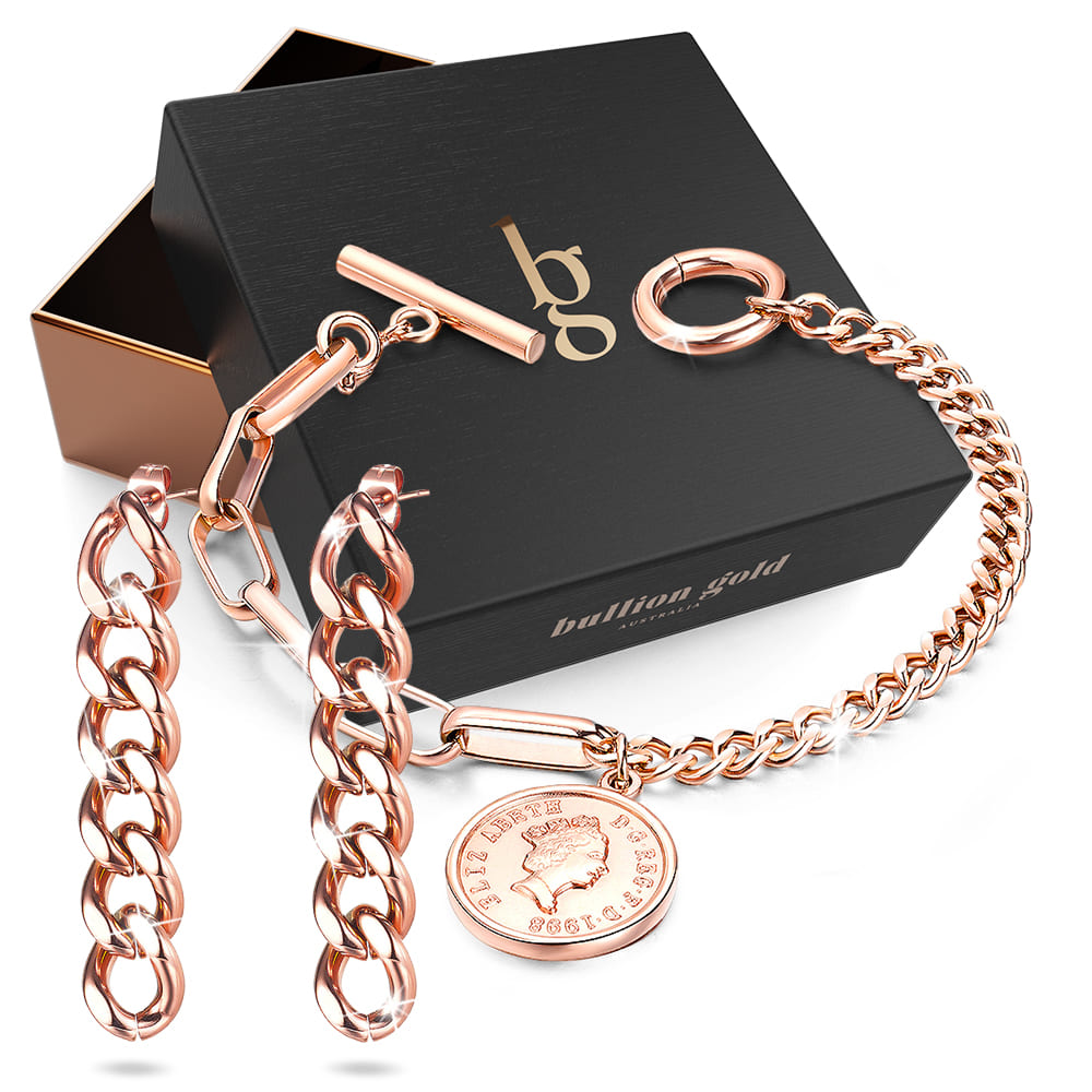 Boxed Australian Coin Charm Toggle Clasp Bracelet & Glam Chain Dangle Earrings Set in Rose Gold