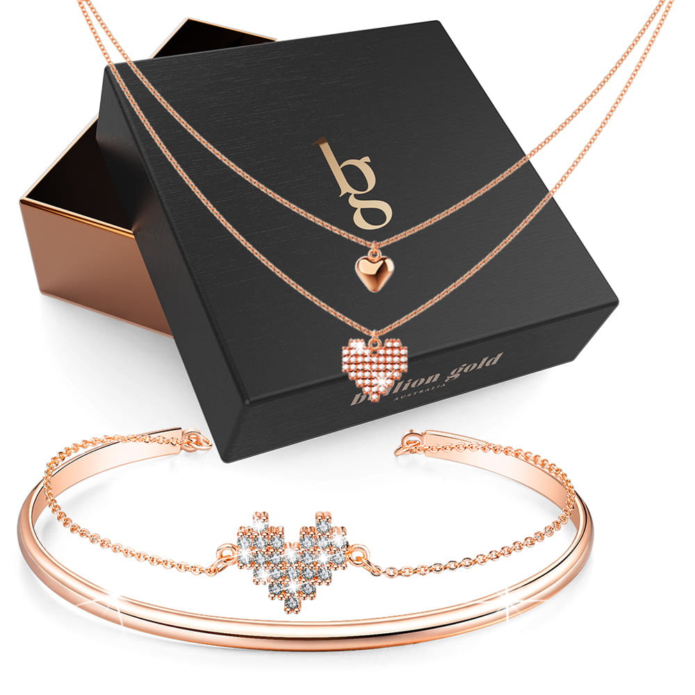 Boxed Pixel Heart Layered Necklace and Bangle Set in Rose Gold Layered Stainless Steel