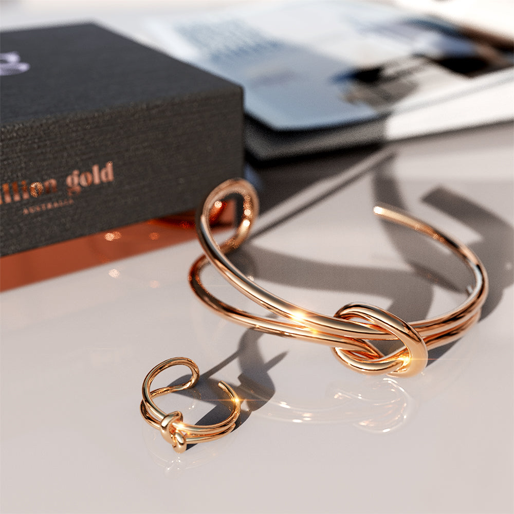 Boxed Forever Knot Rose Gold Titanium Cuff Bangle & Ring Set in Rose Gold