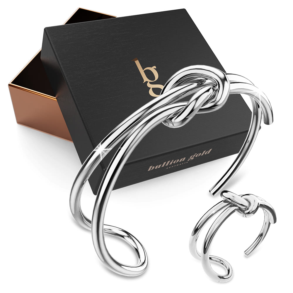 Boxed Forever Knot White Gold Titanium Cuff Bangle & Adjustable Ring Set in White Gold