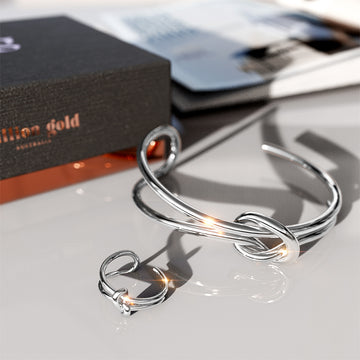 Boxed Forever Knot White Gold Titanium Cuff Bangle & Adjustable Ring Set in White Gold