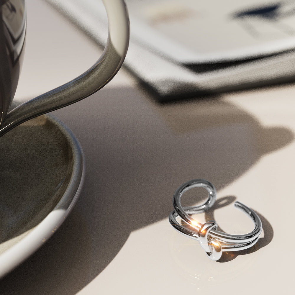 Boxed Forever Knot White Gold Titanium Cuff Bangle & Adjustable Ring Set in White Gold