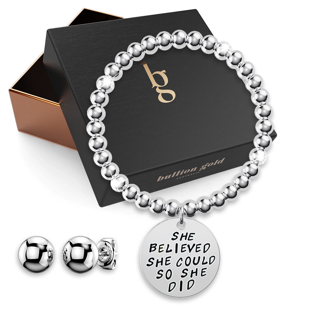 Boxed She Believed She Could Inscriptions White Gold Layered Bracelet & Ball Stud Earrings Set