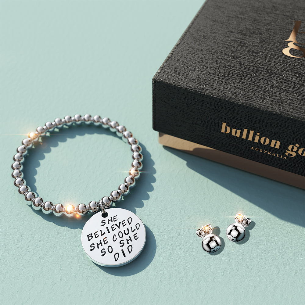 Boxed She Believed She Could Inscriptions White Gold Layered Bracelet & Ball Stud Earrings Set