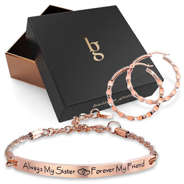 Boxed Sisters Forever Inscriptions Bar Bracelet & Fem Hammered Hoop Earrings Set in Rose Gold