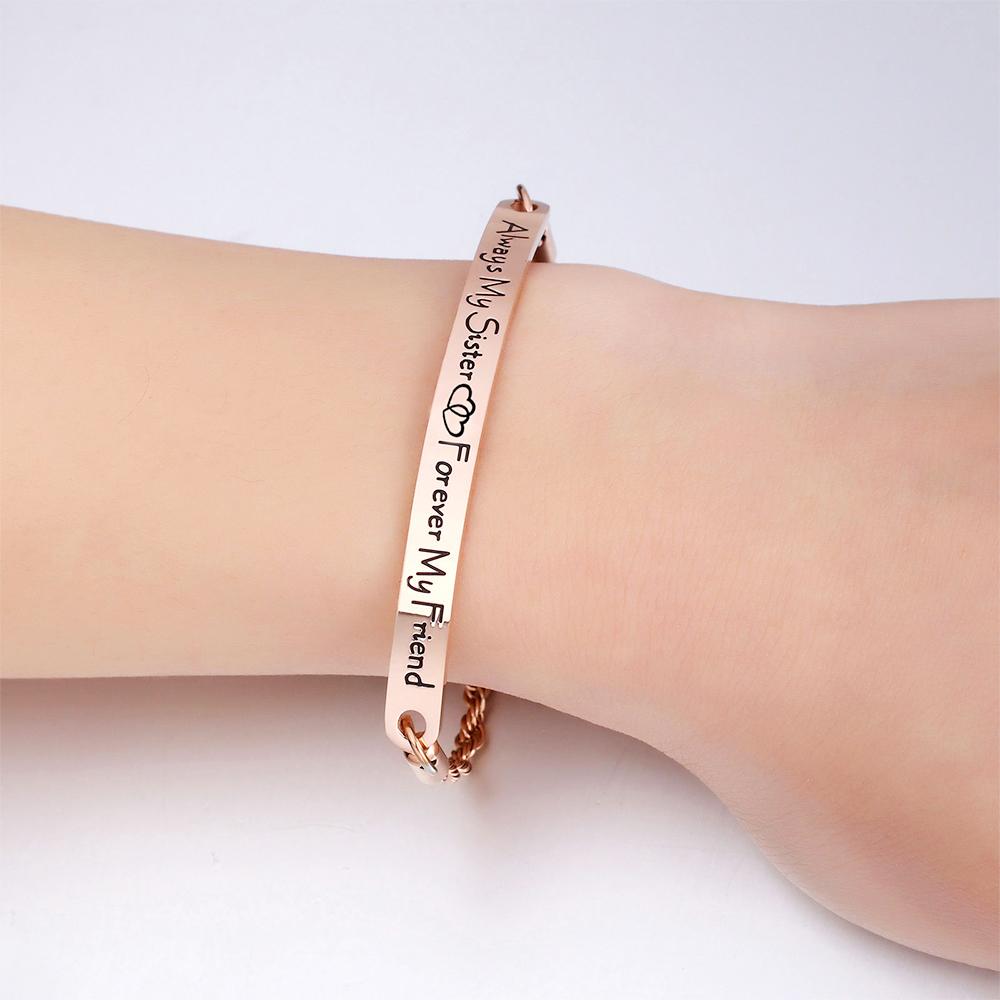 Boxed Sisters Forever Inscriptions Bar Bracelet & Fem Hammered Hoop Earrings Set in Rose Gold