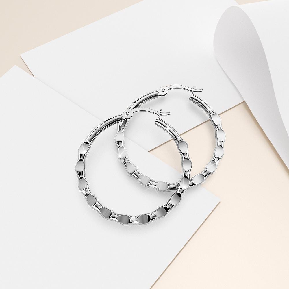 Boxed Sisters Forever Inscriptions Bar Bracelet & Fem Hammered Hoop Earrings Set in White Gold