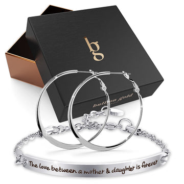 Boxed Mother's Love Inscriptions Bar Bracelet & Semi Flattened Hoop Earrings Set in White Gold