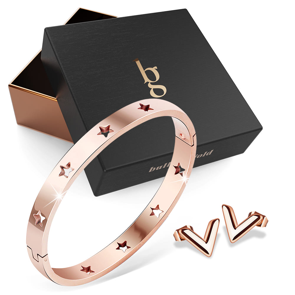 Boxed Bellatrix Star Bangle & V-Style Stud Earrings Set in White Gold