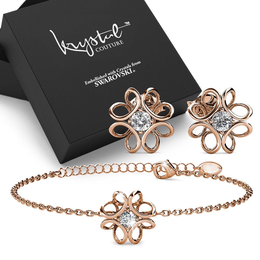 Boxed Rose Gold Blooming Flower Bracelet & Daffodil Hologram Stud Earrings Embellished with Swarovski¬¨√Ü Crystals Set - Brilliant Co