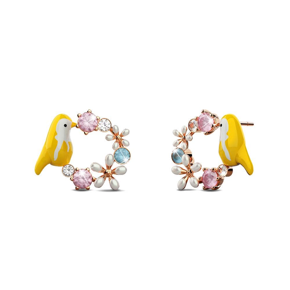 Boxed Rose Gold Plated Sweet Cherry Zircons Threader & Yellow Bird, Multicolour Floral Austrian Crystal Stud Earrings Set - Brilliant Co