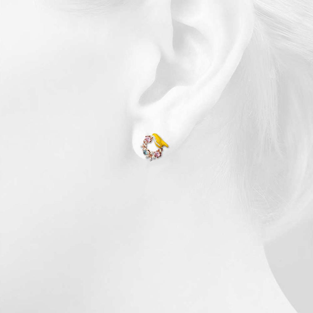 Boxed Rose Gold Plated Sweet Cherry Zircons Threader & Yellow Bird, Multicolour Floral Austrian Crystal Stud Earrings Set - Brilliant Co