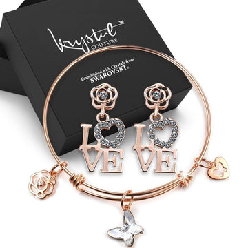 Boxed Rose Gold Butterfly Adjustable Bangle & Love Drop Earrings Embellished With Swarovski® Crystals Set