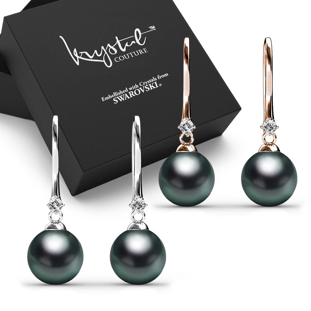 Boxed 2 Pairs Magnificent Pearl Hook Earrings Set Embellished with Swarovski¬¨√Ü Crystal Iridescent Tahitian Look Pearls - Brilliant Co