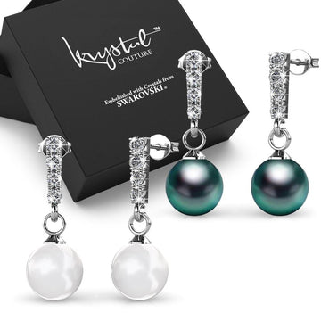 Boxed 2 Pairs Lustrous Earrings Set Embellished with Swarovski¬¨√Ü Crystal Iridescent Tahitian Look Pearls in White Gold - Brilliant Co