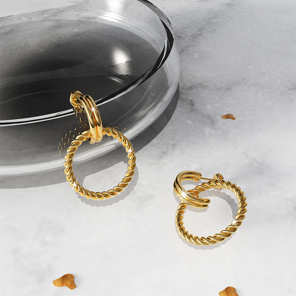 Boxed 2 Pairs of Chic Titanium Earrings Set in Gold