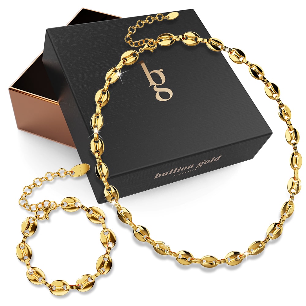 Boxed Interlock Coffee Bean Necklace and Bracelet Set