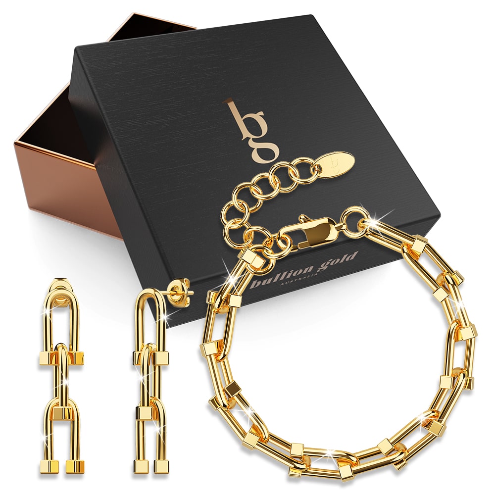 Boxed Bullion Gold Urban U-Link Hardwear Bracelet and Earrings Set