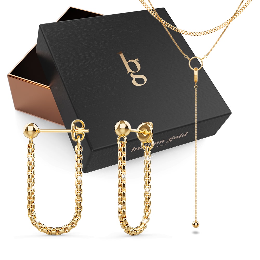 Boxed Dangly Gold Necklace and Earrings Set