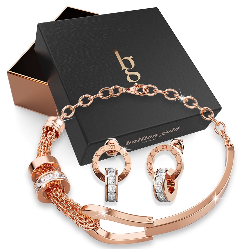 Boxed Sparkles To-Go Earrings and Bracelet Set in Rose Gold