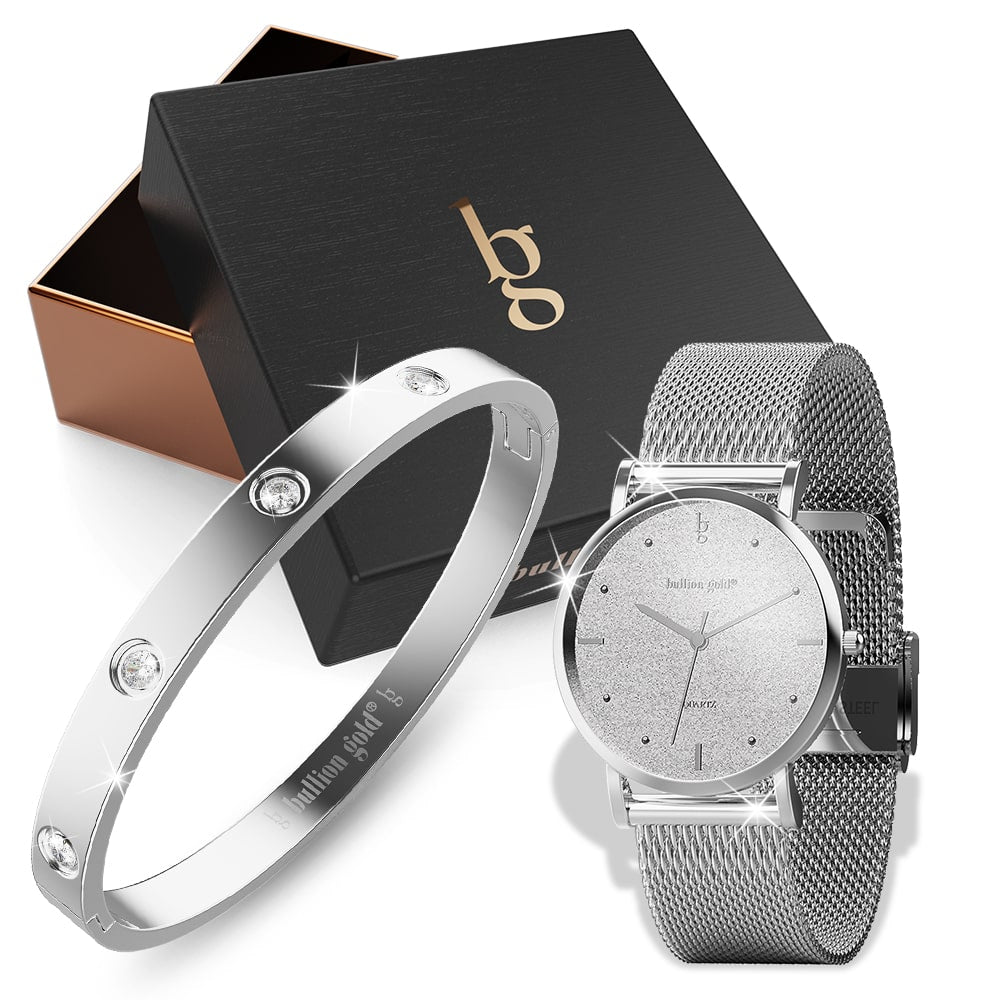 Boxed Bullion Gold Seamless Dial and Bangle Set  in White Gold
