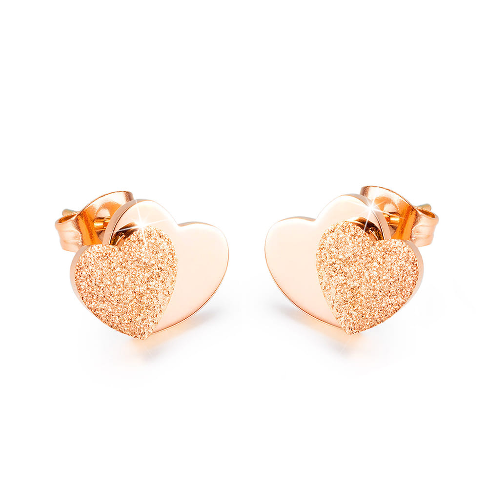 Boxed Glittery Heart 2 Pair Stud Earrings in White and Rose Gold