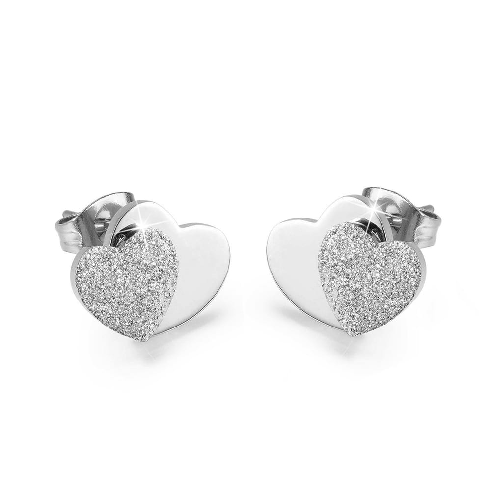 Boxed Glittery Heart 2 Pair Stud Earrings in White and Rose Gold