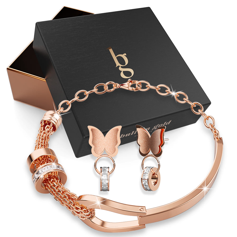 Boxed Glimps of Charm Bracelet and Earrings Set in Rose Gold