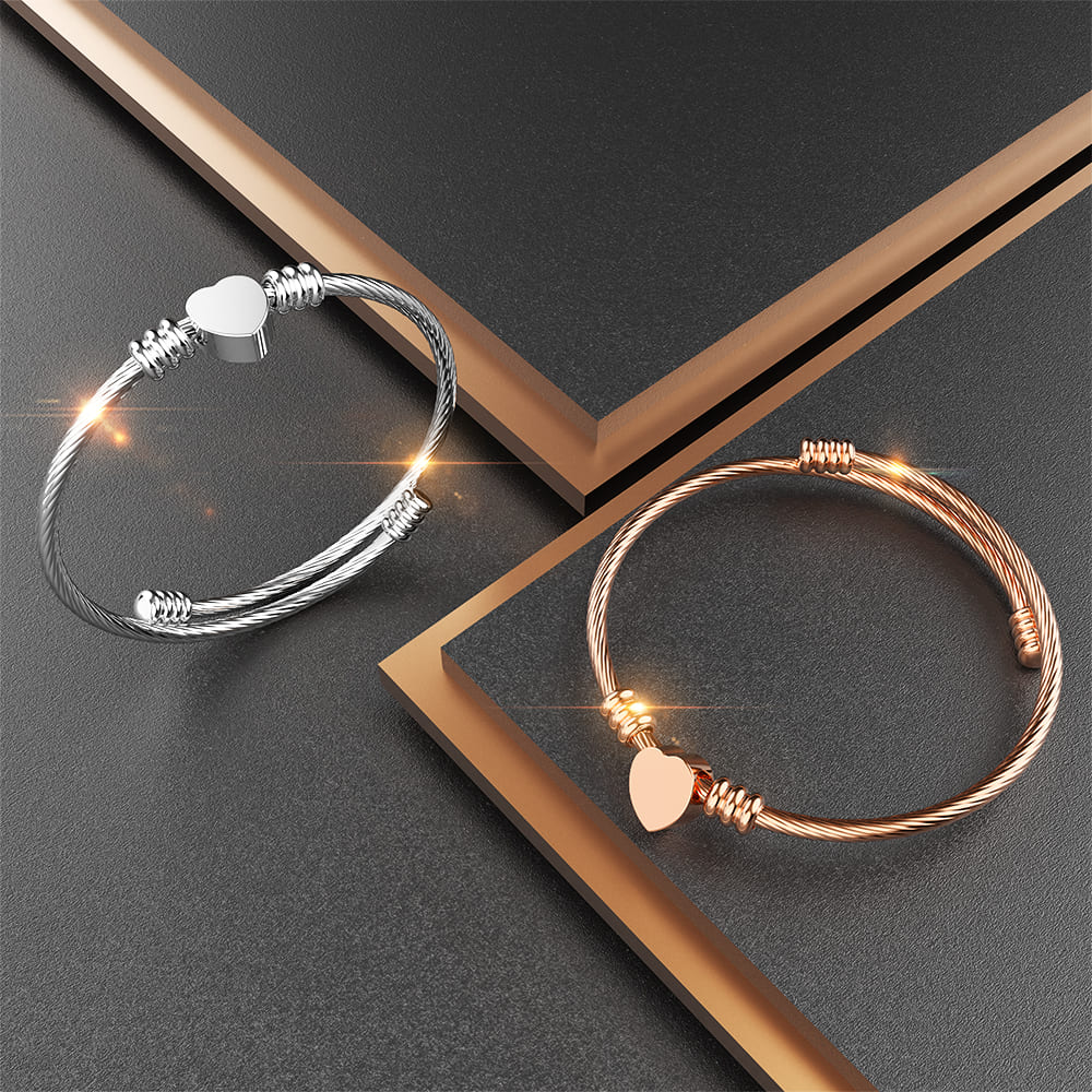 Boxed Heart Motif Charmed 2 Pc Bangle in Rose and White Gold