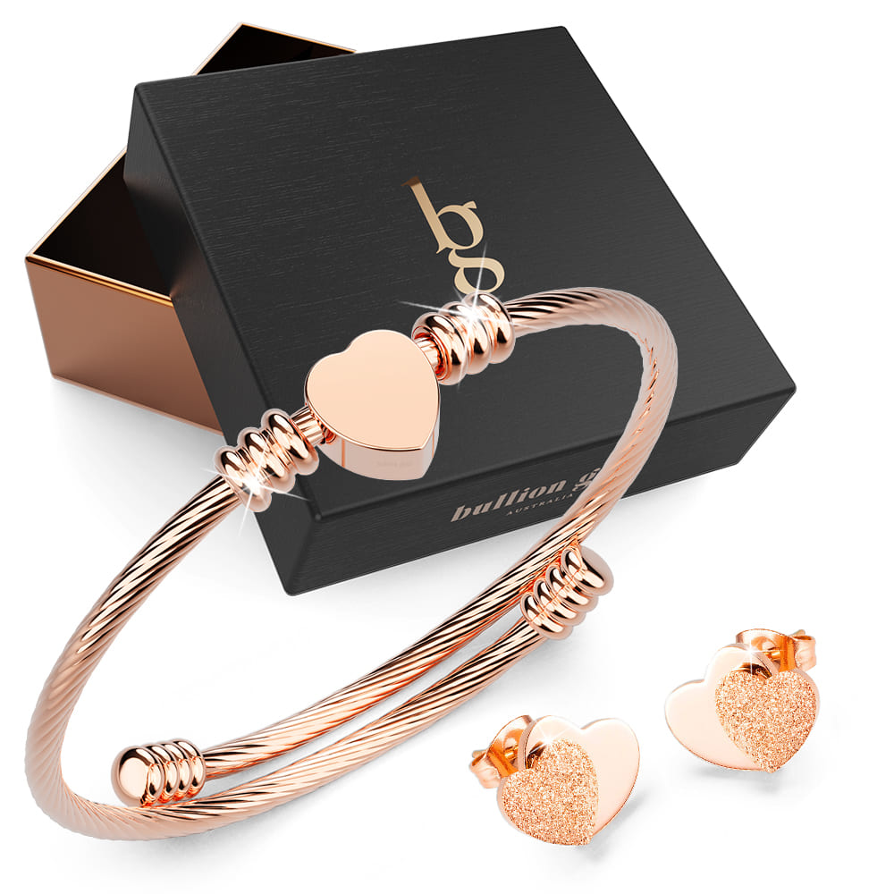 Boxed Beauty with Love Earrings and Bangle Set in Rose Gold