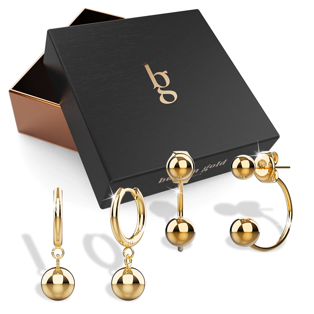 Boxed 3 Pairs of Gold Orb Earrings Set.