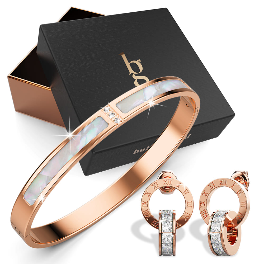 Boxed Modest Hinged Bangle & Round Interlock Earrings Set in Rose Gold