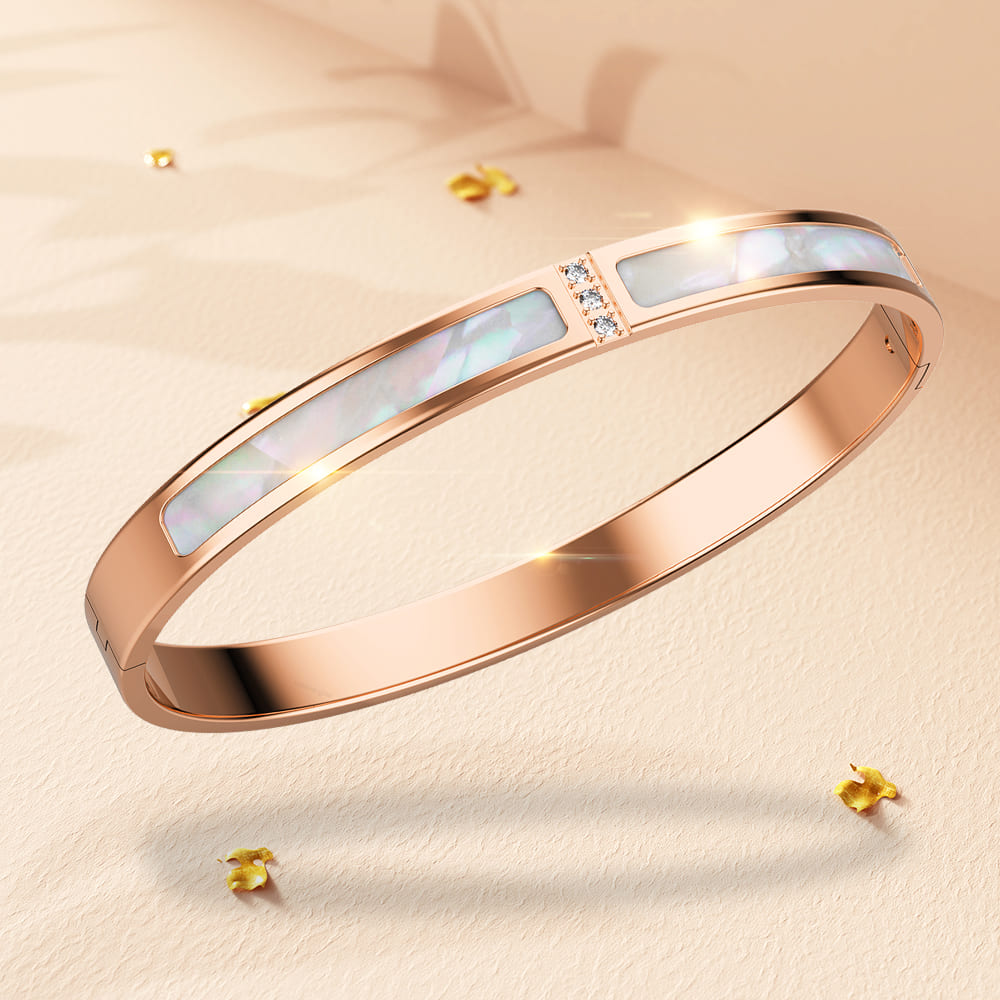 Boxed Modest Hinged Bangle & Round Interlock Earrings Set in Rose Gold