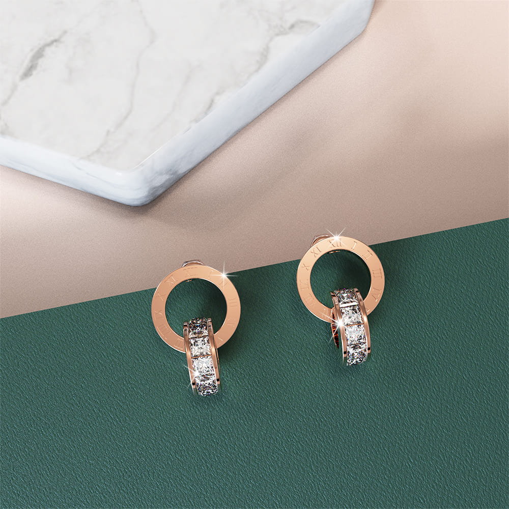 Boxed Modest Hinged Bangle & Round Interlock Earrings Set in Rose Gold