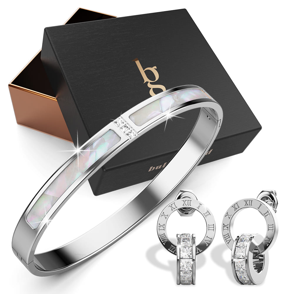 Boxed Modest Hinged Bangle  & Round Interlock Earrings Set in White Gold
