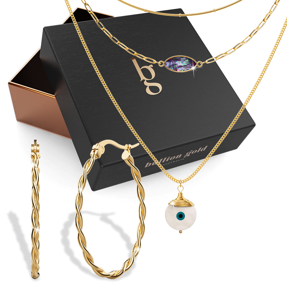 Eyes On You Boxed Gift Set With 3-Layered Gold Necklace and Fairy Hoop Earrings