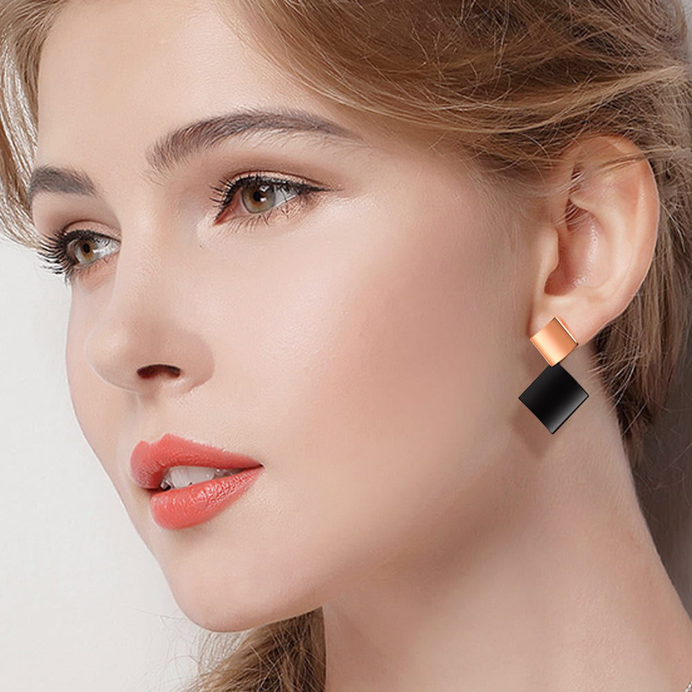 Boxed Geometric Curve Earrings With Classic Cuff Bangle In Rose Gold Set