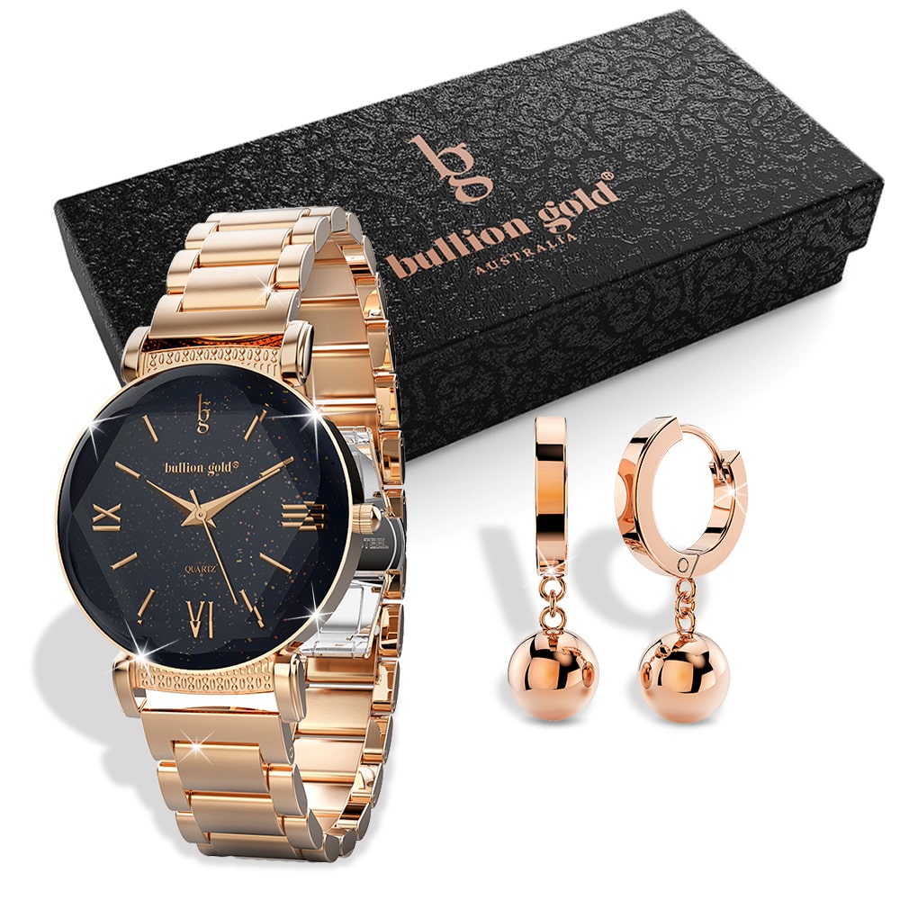 Boxed Black Face Watch & Earrings Set In Rose Gold