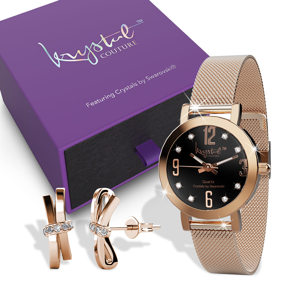Boxed Rose Gold Watch & Earrings Set With Swarovski® Crystals Embellishment