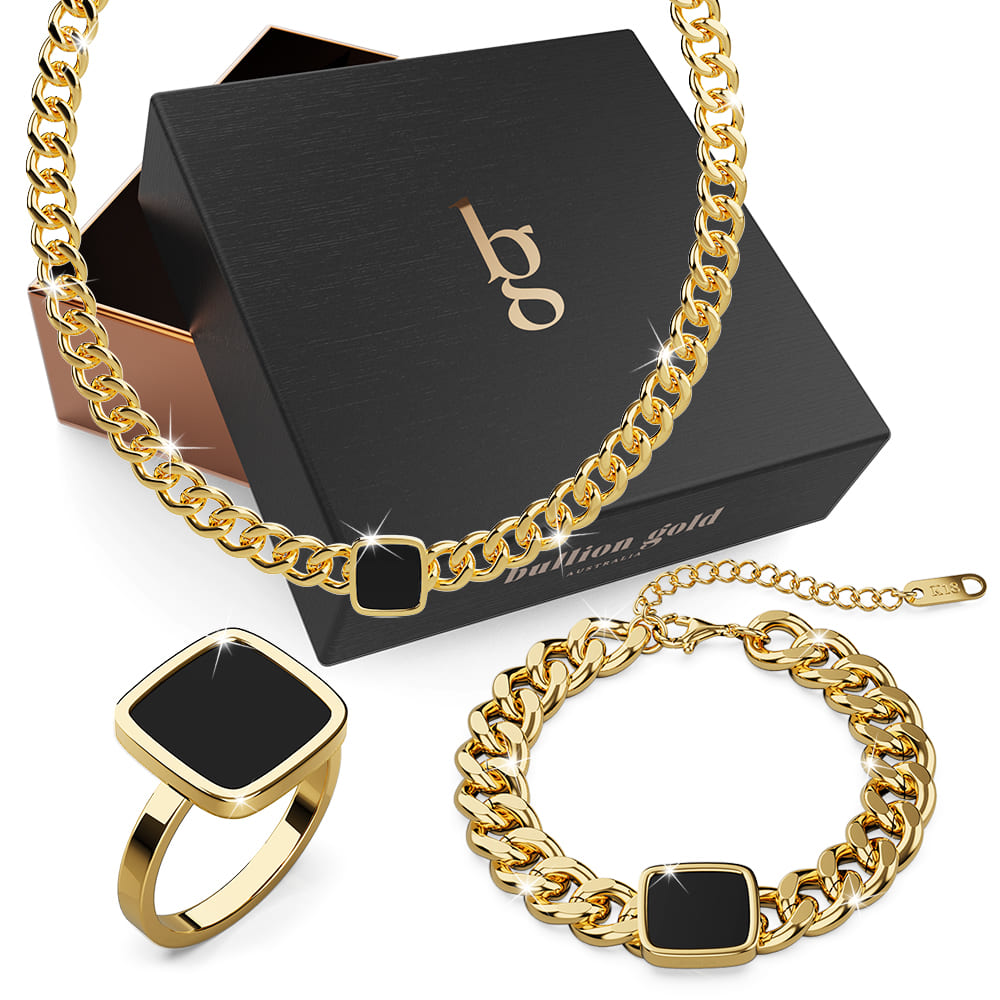 Boxed Solid Square Black Ring and Cuban Chain Bracelet & Necklace Set
