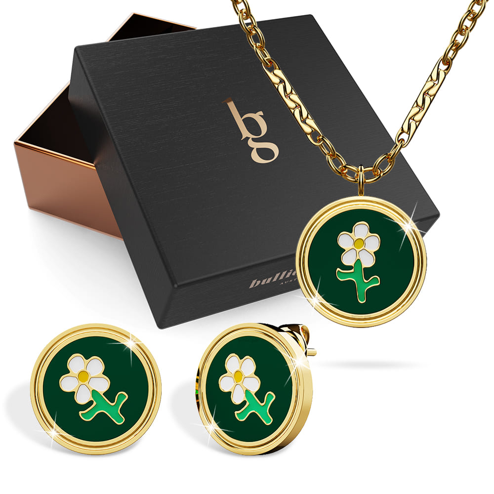 Boxed Verdant Floral Necklace and Stud Earring Set in Gold