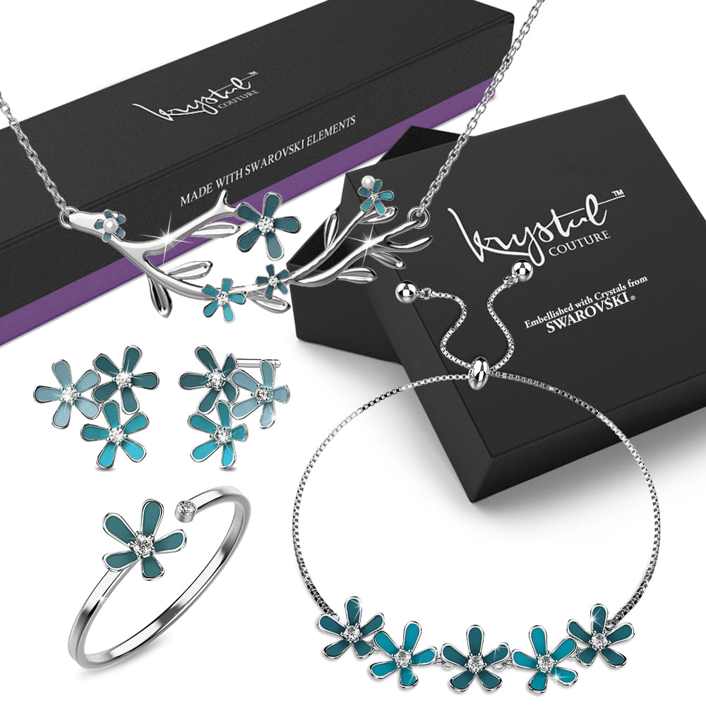 Boxed Petalia Turquoise Blue Jewellery Set Embellished with Swarovski¬Æ Crystals in White Gold