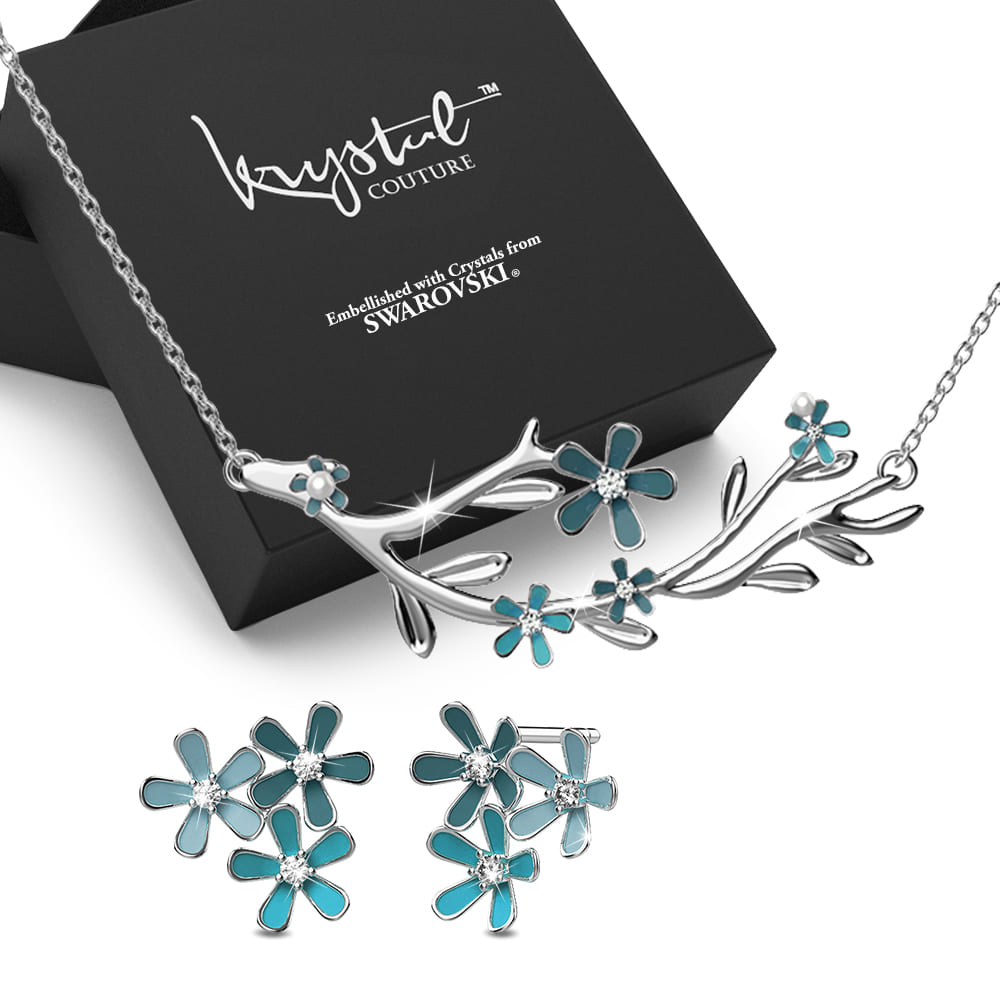 Boxed Petalia Turquoise Blue Stud Earrings and Necklace Featured Swarovski¬Æ Crystals in White Gold