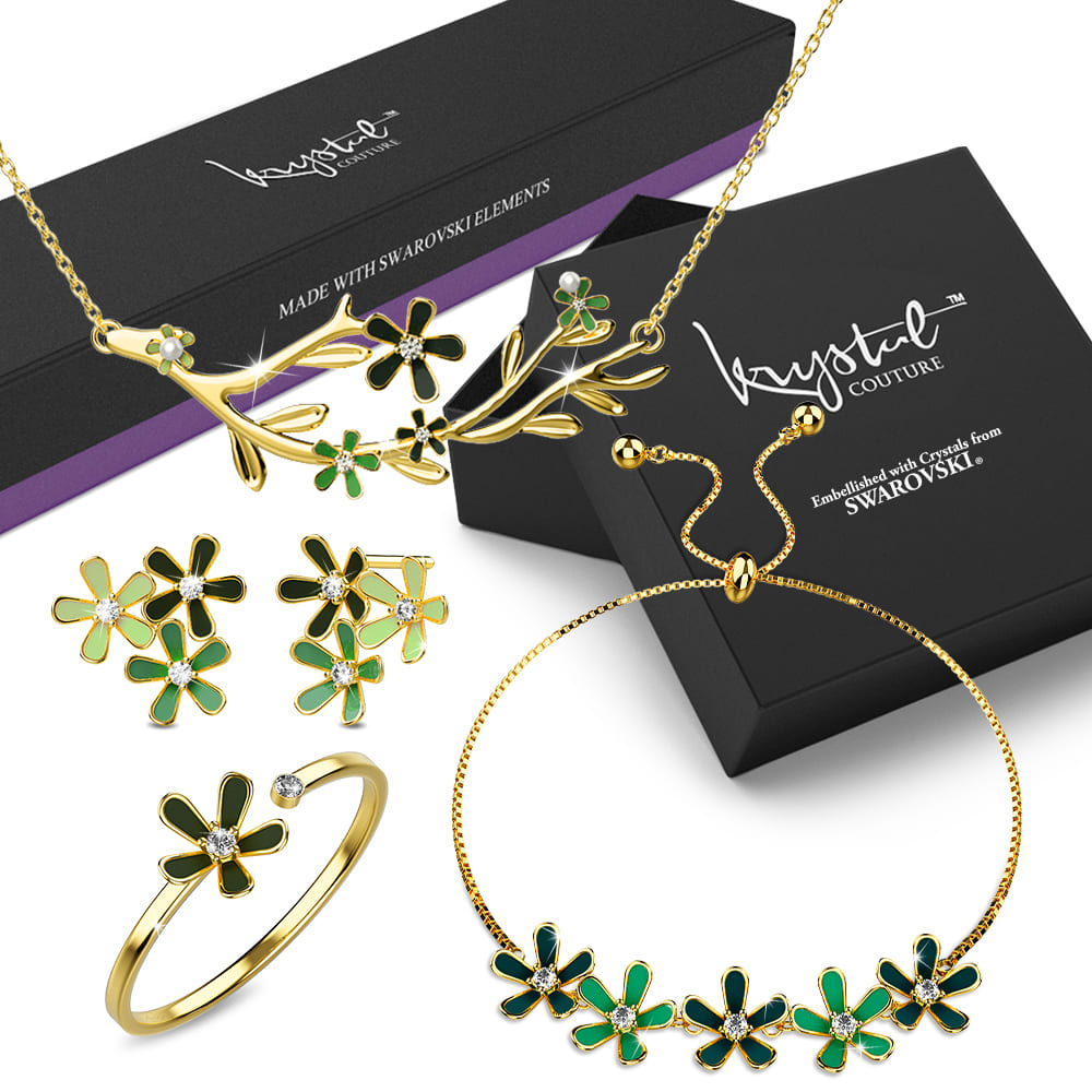 Boxed Petalia Olive Green Jewellery Set Embellished with Swarovski¬Æ Crystals in Gold