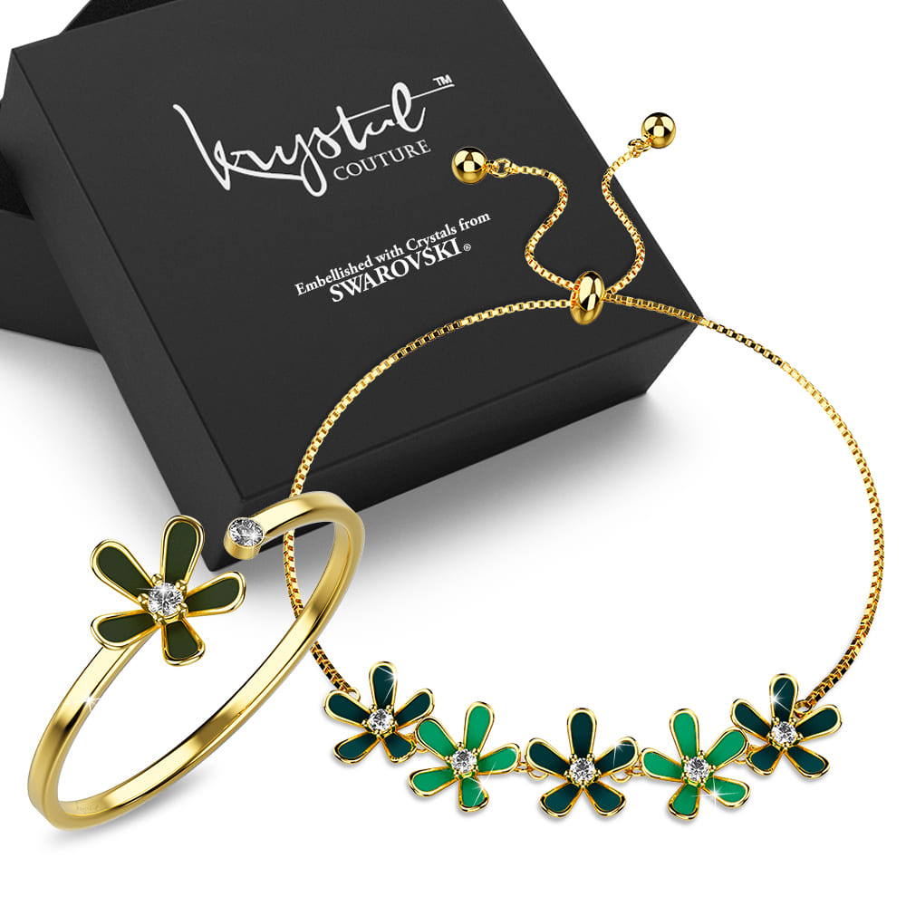Boxed Petalia Olive Green Ring and Bracelet Featured Swarovski¬Æ Crystals in Gold