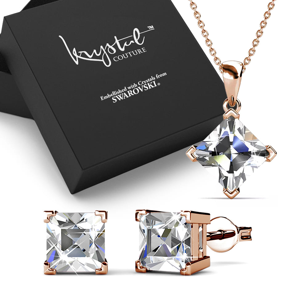 Boxed Square-Cut Stud Jewellery Set with Swarovski Crystal in Rose Gold